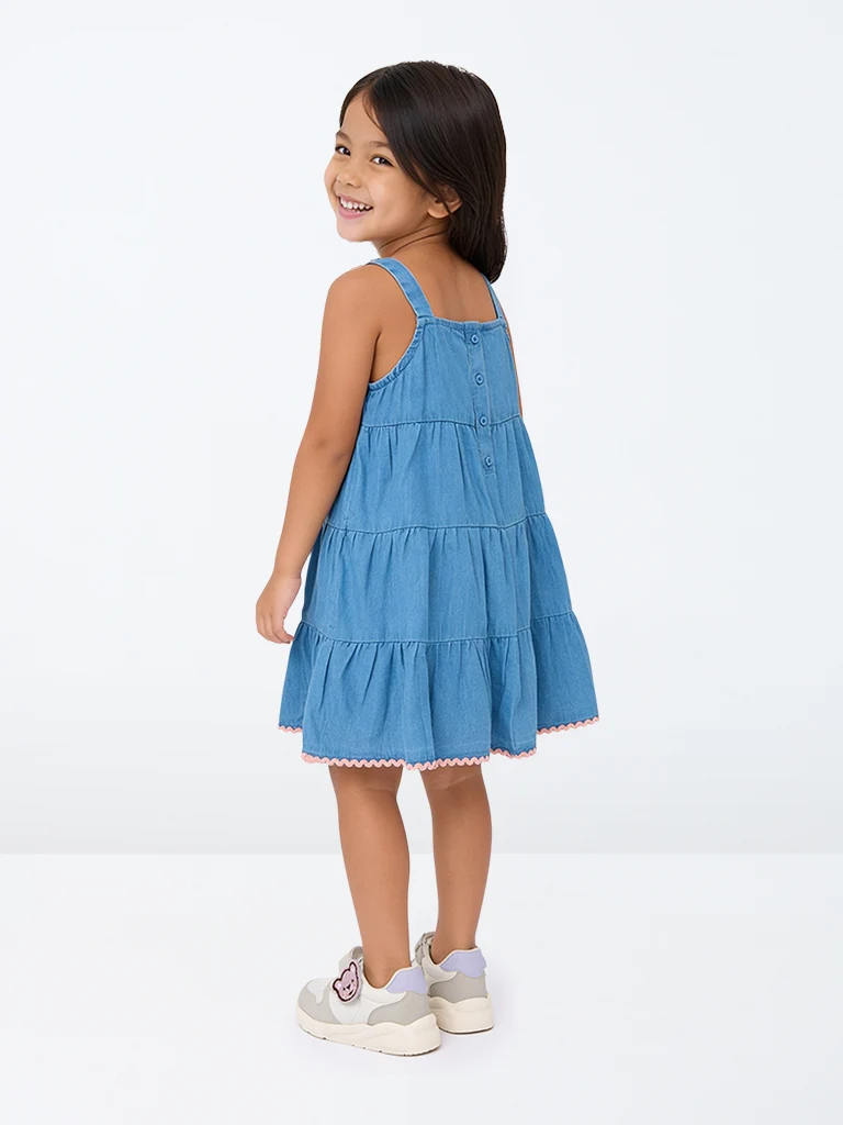 Kids Girls Blue Bow-Design Cotton-Blend Tiered Dress